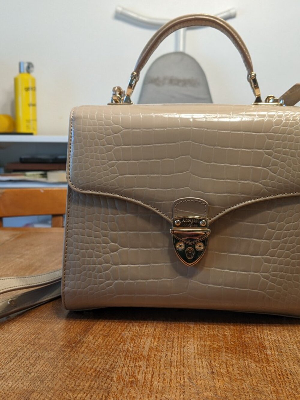 Aspinal of London Mayfair Large Bag Handbag Soft Taupe Patent Croc Beige WOO OWO - Picture 11 of 12